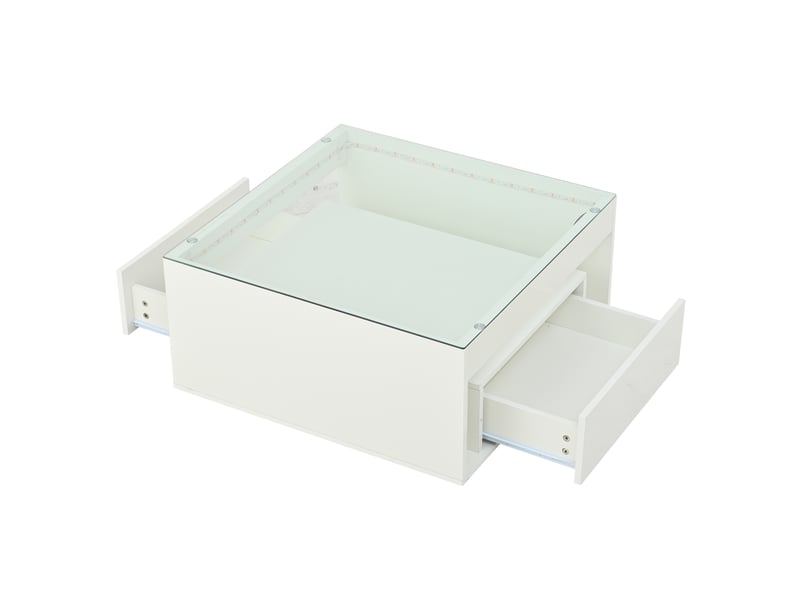  Table basse carrée avec 2 tiroirs, niche ouverte et led, plateau en verre trempé, en mdf, blanc, 70 × 70 × 35 cm - uvrion  - Conforama A
