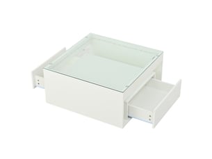 Table basse carrée avec 2 tiroirs, niche ouverte et led, plateau en verre trempé, en mdf, blanc, 70 × 70 × 35 cm - uvrion