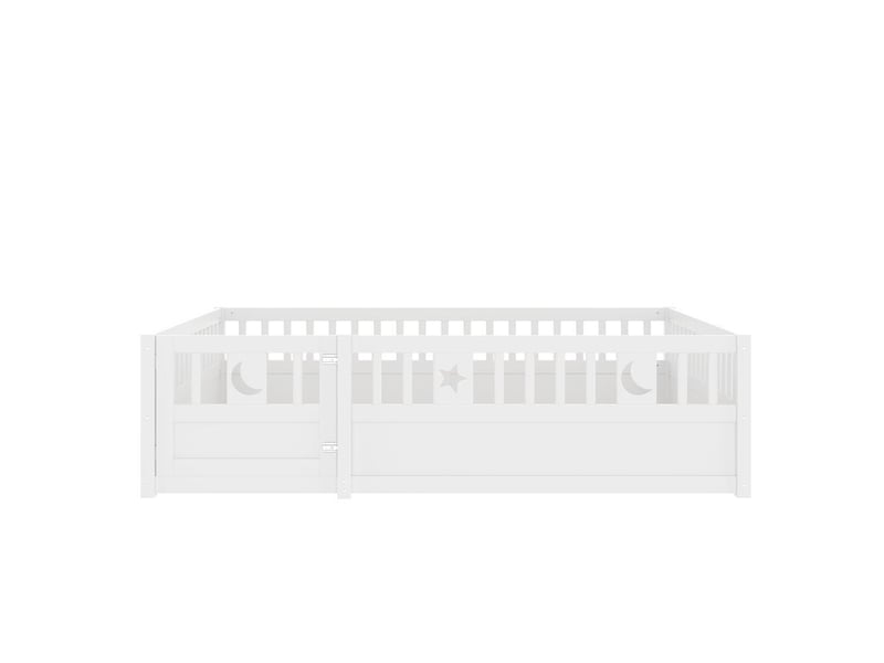 Lit enfant 140x190cm en bois pin, barrière sécurité verrouillable, décoration étoiles lune, sans sommier lattes, blanc - Conforama R