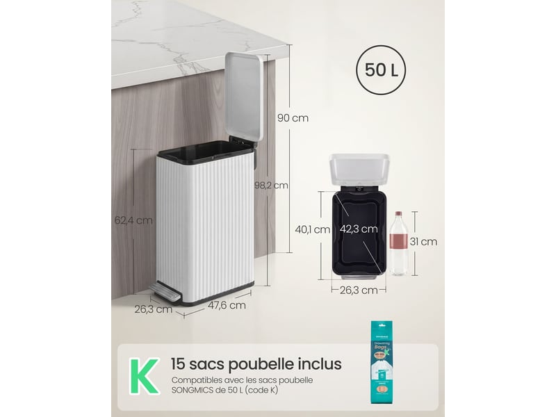  Poubelle de cuisine 50 l avec pédale et seau intérieur amovible gain de place 47,6 x 26,3 x 62,4 cm en acier blanc nuage 12_0013135  - Conforama B