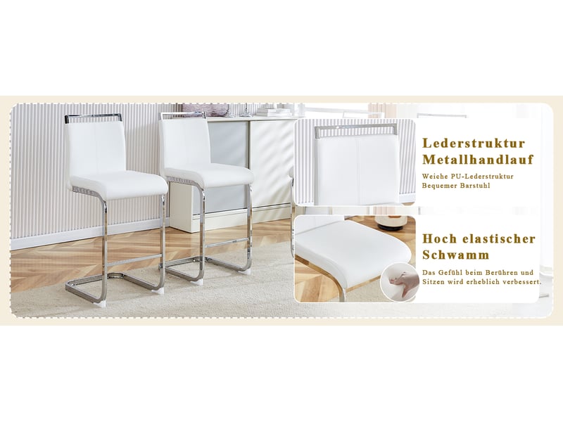  Lot de 2 tabourets de bar blancs, pu, piètement argenté, style nordique, hauteur 96,5cm  - Conforama W