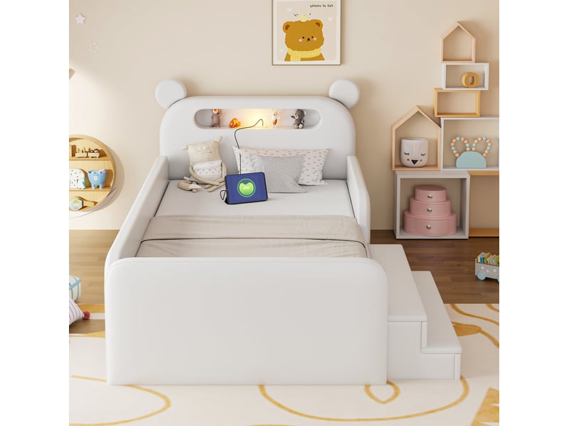  Lit enfant, 90 x 200 cm, avec tête de lit décor ours, rangement, matelas non inclus, polyuréthane (pu), coloris blanc  - Conforama D