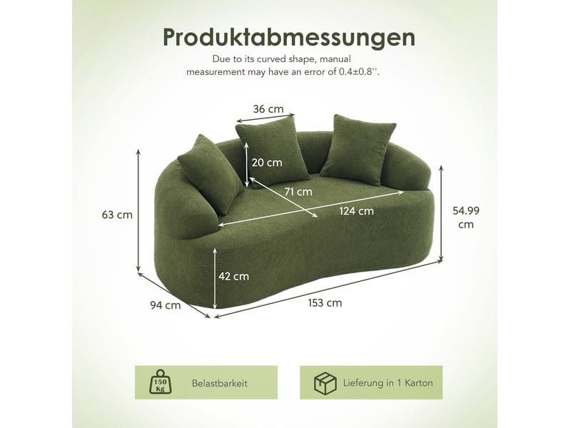  Canapé 2 places modulaire incurvé 153x94x63 cm vert en chenille, assise profonde avec 3 coussins décoratifs  - Conforama C