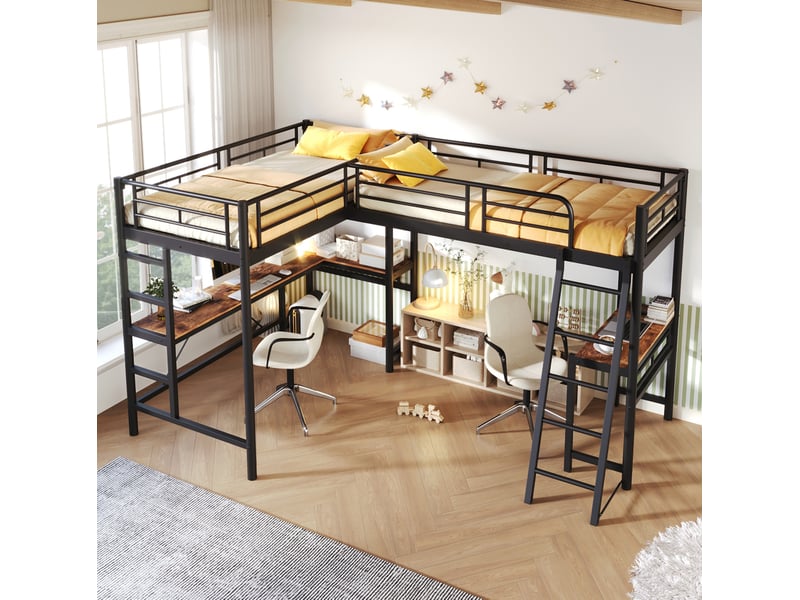  Lit mezzanine double 90x200 cm avec bureau et échelles noir  - Conforama E