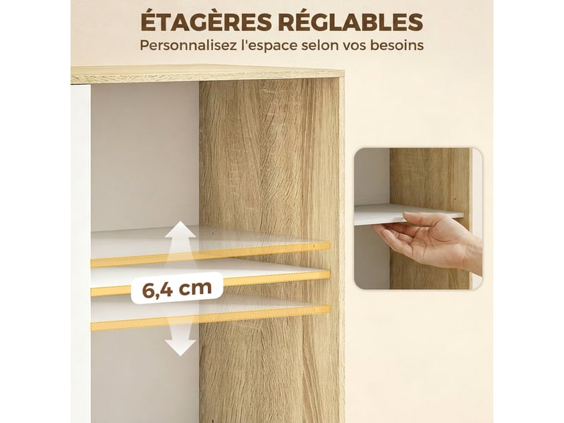  Armoire chambre penderie, 2 portes coulissantes, 4 tiroirs, étagères réglables, barre de suspension, chêne et blanc  - Conforama R