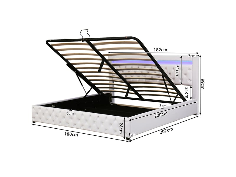  Lit rembourré 180 x 200 cm avec sommier à lattes relevable, rangement et led, blanc, pu  - Conforama E