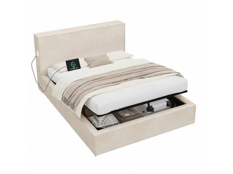  Lit coffre 120 x 200 cm beige en tissu chenille, rembourré avec sommier à lattes, sans matelas  - Conforama A