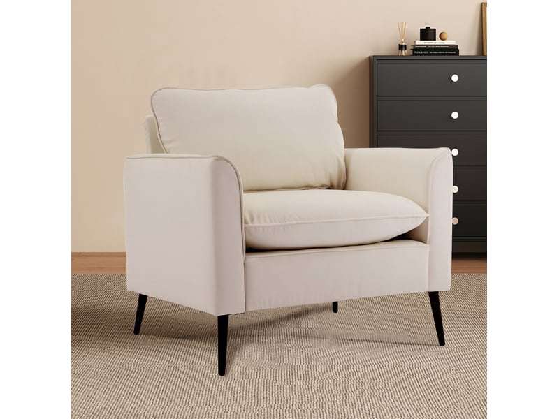  Fauteuil fixe 1 place en cuir régénéré blanc, style nordique rétro, confortable pour le salon ou la chambre  - Conforama E