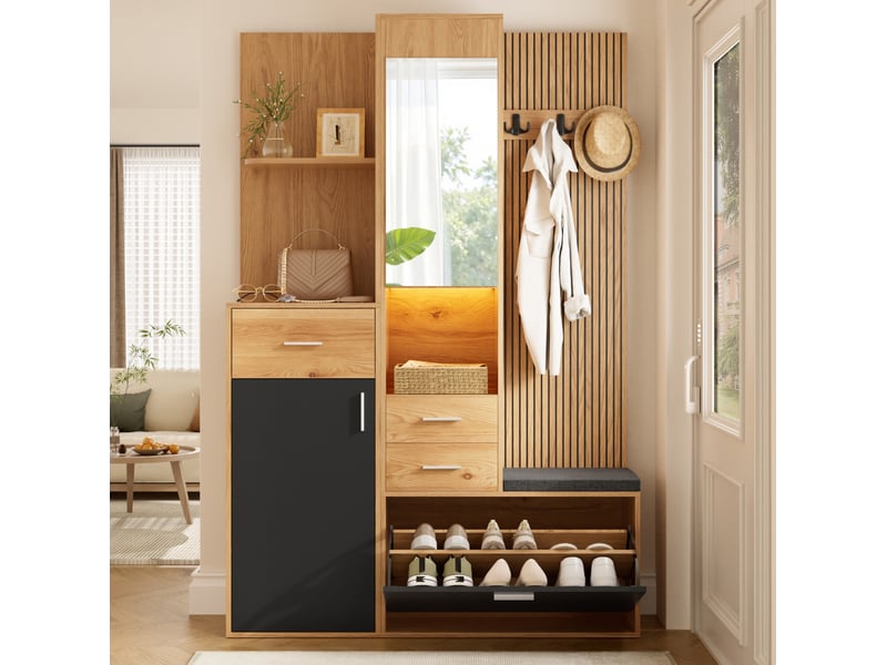  Meuble d'entrée avec miroir, banc, tiroirs, meuble à chaussures et led réglable, noir et naturel 120 × 32 × 178 cm  - Conforama D