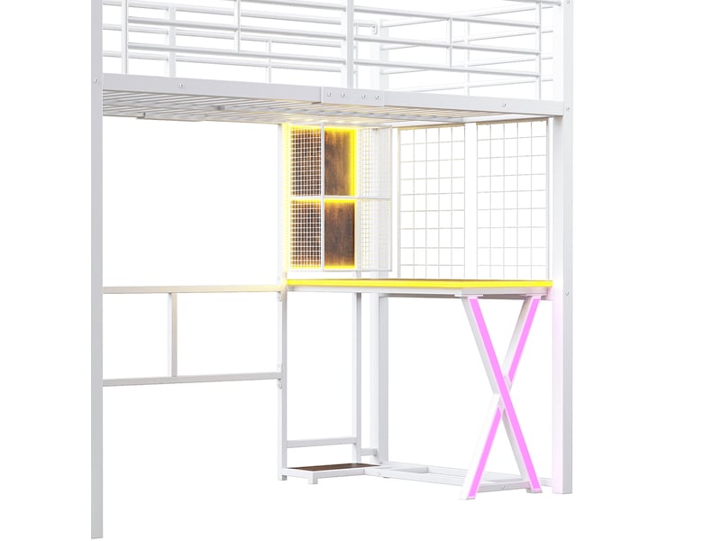  Lit mezzanine 140x200 cm avec led, escalier de rangement, bureau, armoire, rangements mdf métal blanc sans matelas  - Conforama E