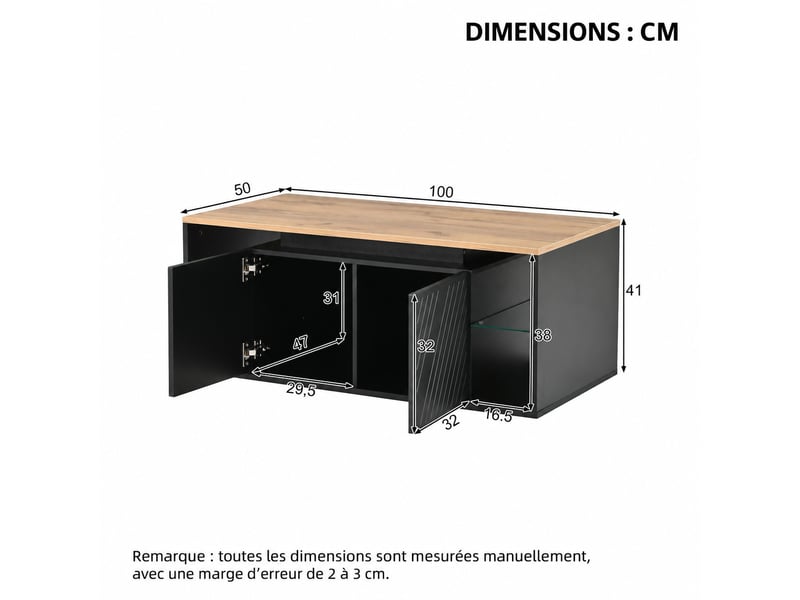 Table basse led 100 x 50 x 41 cm noire, 2 portes, rangement semi-ouvert, panneaux de particules, charge 30 kg  - Conforama C