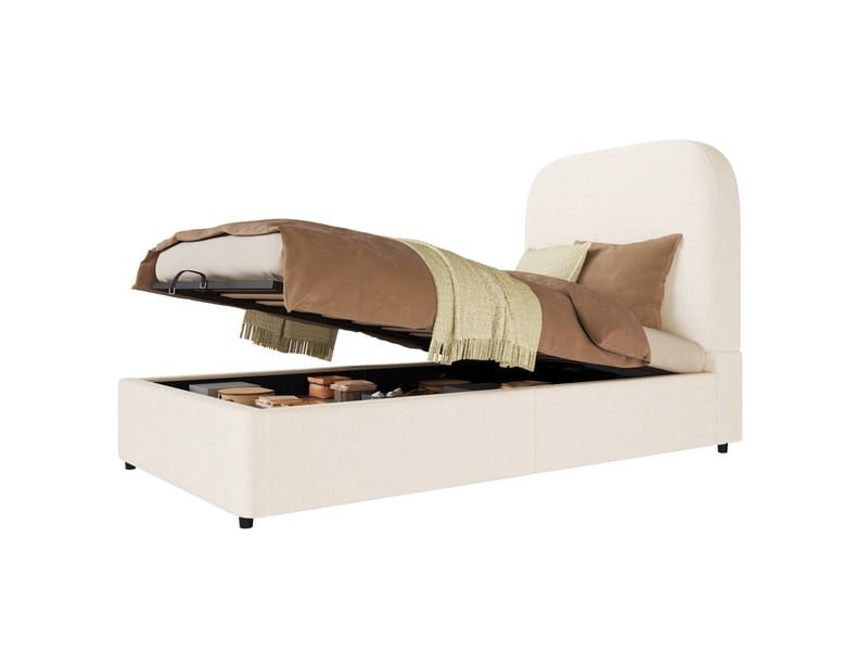  Lit coffre 90x200 cm en bouclette beige avec rangement hydraulique et sommier  - Conforama A