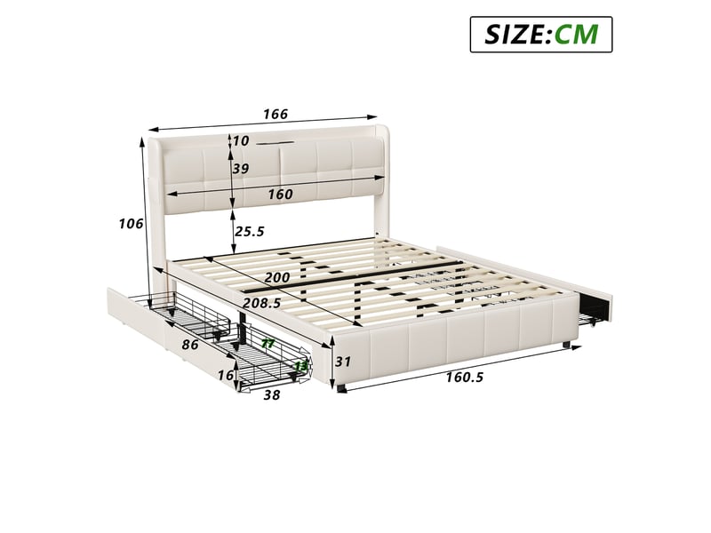 Lit 160x200 avec sommier et rangement,cadre de lit avec charge usb, lit double capitonné avec 4 tiroirs, facile à assembler, pu, sans matelas, blanc - Conforama C