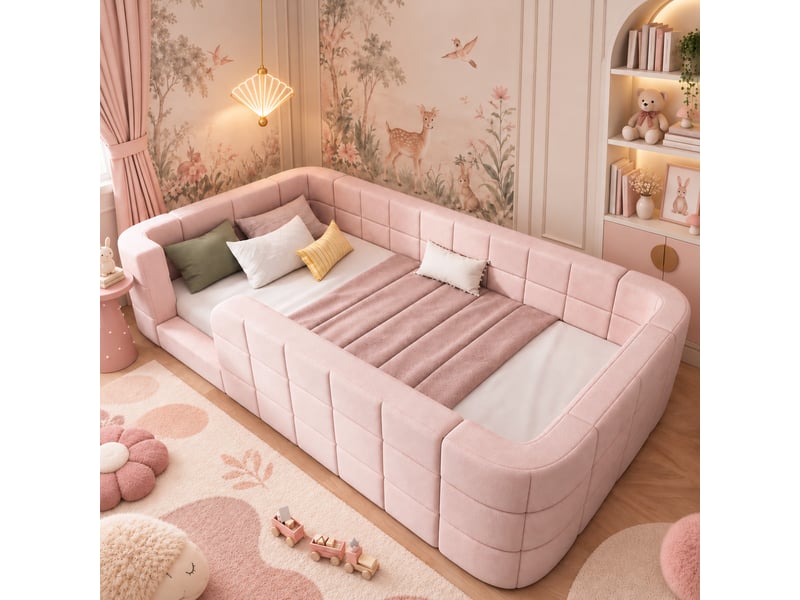  Lit enfant 90 × 190 cm avec barrières rembourrées et sommier à lattes, entrée basse, revêtement en chenille rose  - Conforama E