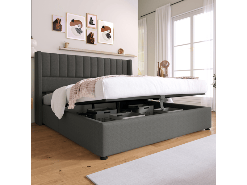 Lit coffre hydraulique 160 x 200 cm avec sommier à lattes et revêtement en lin gris - Conforama B
