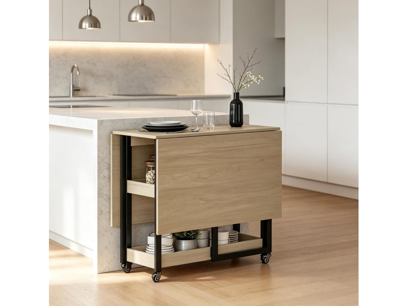  Table de repas pliante 133,4 x 80 cm – chêne – 2 abattants, niches ouvertes et roulettes freinées  - Conforama B