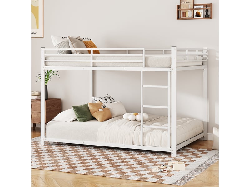 Lit superposé 140x200 blanc, lit enfant en métal avec sommier à lattes, cadre de lit robuste pour chambre, gain de place. - Conforama R