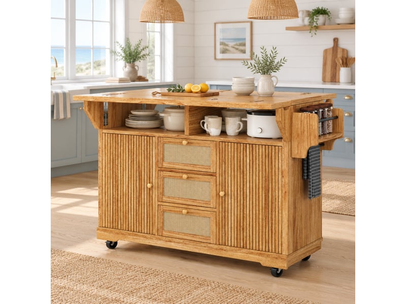  Desserte de cuisine pliable à 2 abattants avec rangement - lpospi - mdf et pe rotin marron foncé, 142,5 × 80 × 95 cm  - Conforama C