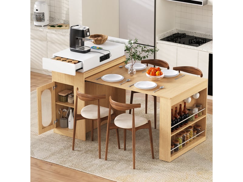 Îlot de cuisine extensible à roulettes avec prises, mdf et verre, naturel - Conforama C