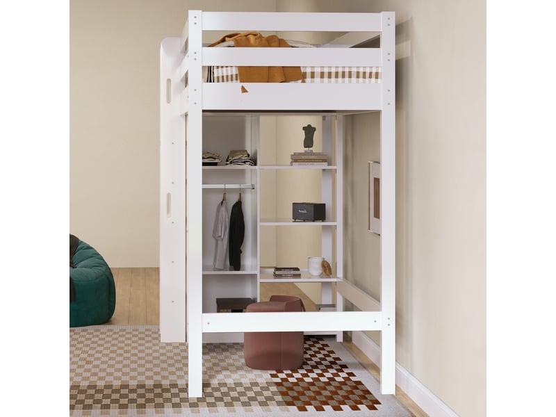  Lit mezzanine 90x200cm avec armoire, bois massif + panneaux de particules, blanc  - Conforama E