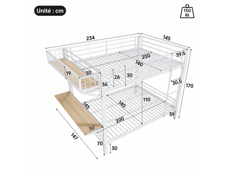 Lit superposé 140 x 200 cm avec bureau et rangement ouvert, structure en métal blanc et mdf, pour chambre partagée - Conforama C