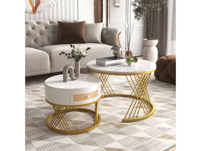  Tables basses gigognes avec tiroir en mdf pour salon 70×70×45,5 et 50×50×38,5 cm blanc et or  - Conforama C