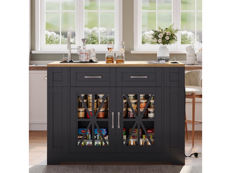  Îlot de cuisine sur roulettes 120cm avec table pliante, prises électriques et portes en verre, desserte noir et bois  - Conforama R