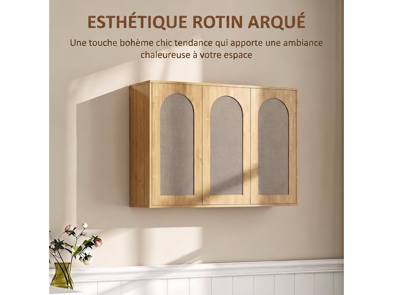  Armoire murale de salle de bain bohème avec 3 portes effet rotin à fermeture douce et étagère réglable, chêne  - Conforama D
