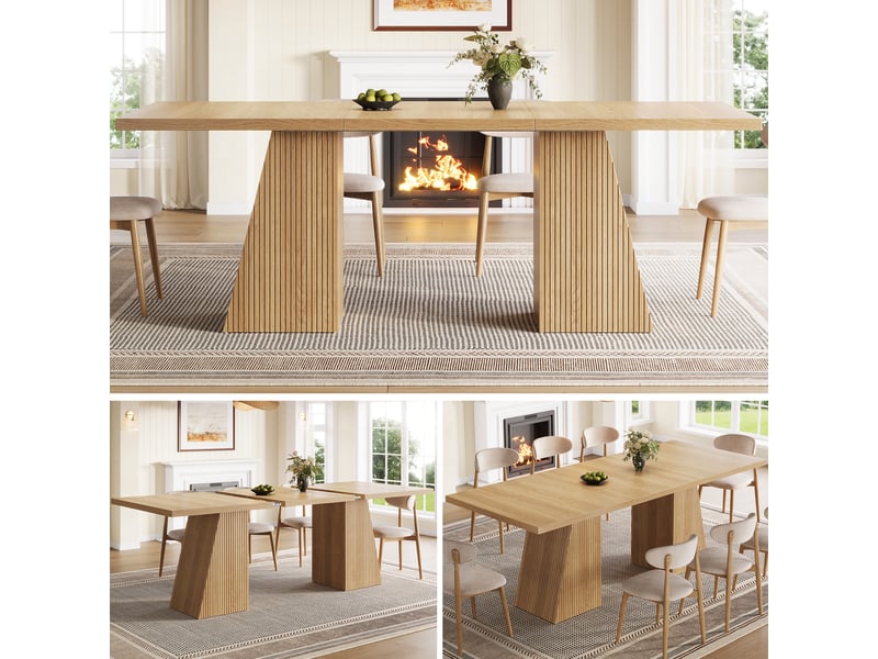  Table de salle à manger extensible 120160x80x76 cm pour 4 à 6 personnes, pieds trapézoïdaux, structure rainurée, patins antidérapants - chêne clair  - Conforama D