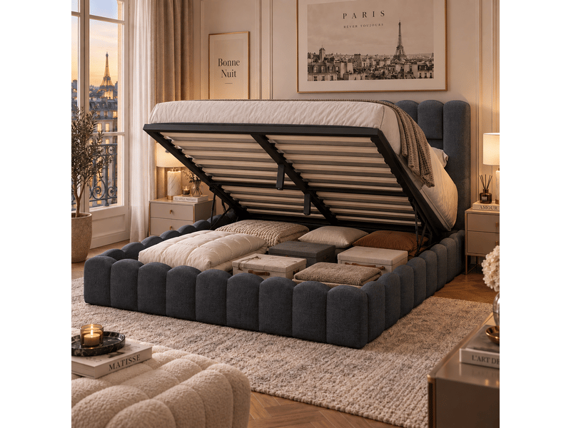 Lit coffre 180 x 200 cm avec led et ports usb,lit double rembourré , rangement hydraulique, lit fonctionnel,lin ,gris - Conforama D