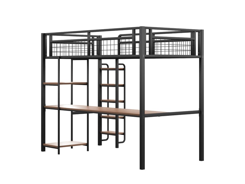 Lit mezzanine enfant 90x200 cm avec table, étagère, garde-corps, escalier, sommier, métal noir, sans matelas - Conforama D