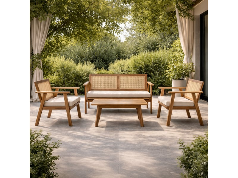 Salon de jardin 4 places en bois d’acacia et cannage hanoi  - Conforama E