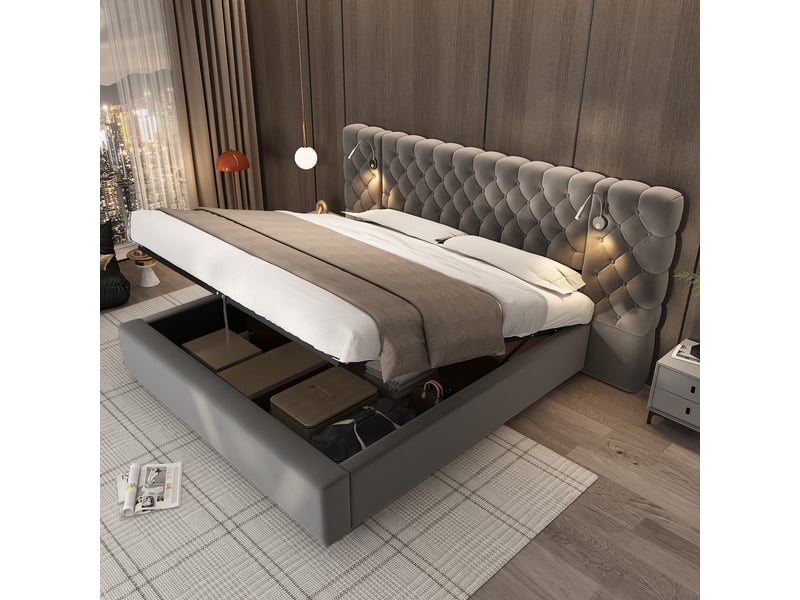  Lit adulte coffre 160x200cm avec espace de rangement, grande tête en velours, cadre à lattes inclus, gris, sans matelas  - Conforama W
