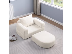 Fauteuil convertible, avec coussins, en tissu chenille, coloris beige, l101 x p90 x h21 cm, pour salon, design moderne