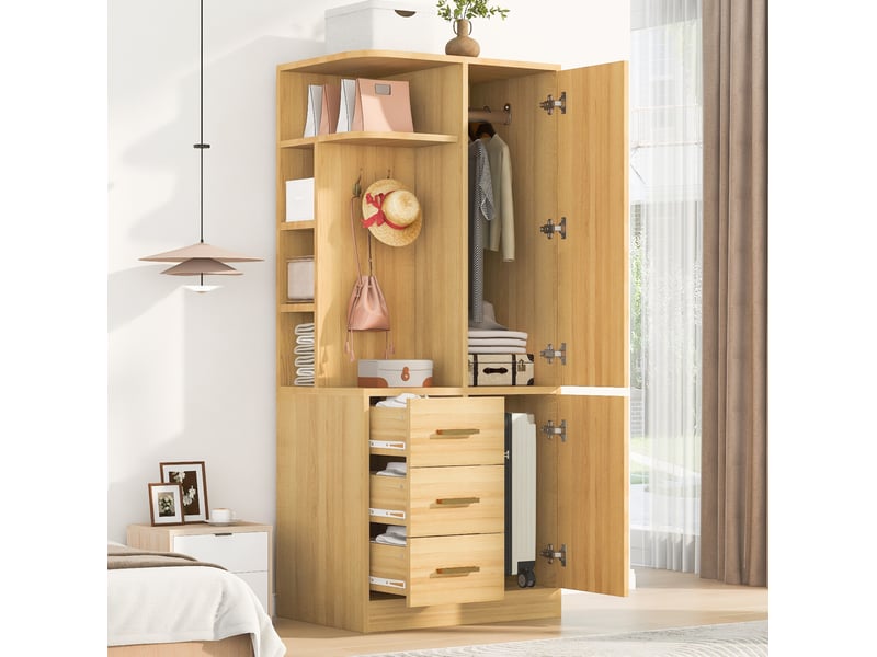 Armoire une porte avec tringle, crochets, étagères ouvertes et 3 tiroirs pour chambre en bois naturel 70 × 50 × 170 cm - Conforama B