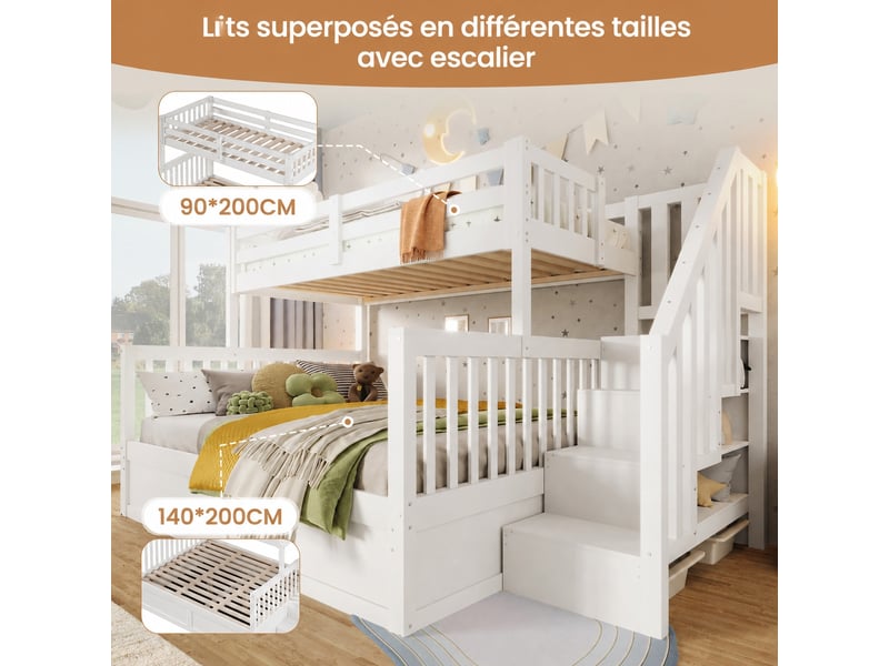 Lit superposé 90x200 et 140x200 cm avec coffre hydraulique et escalier de rangement, en pin et mdf, blanc et naturel - Conforama R