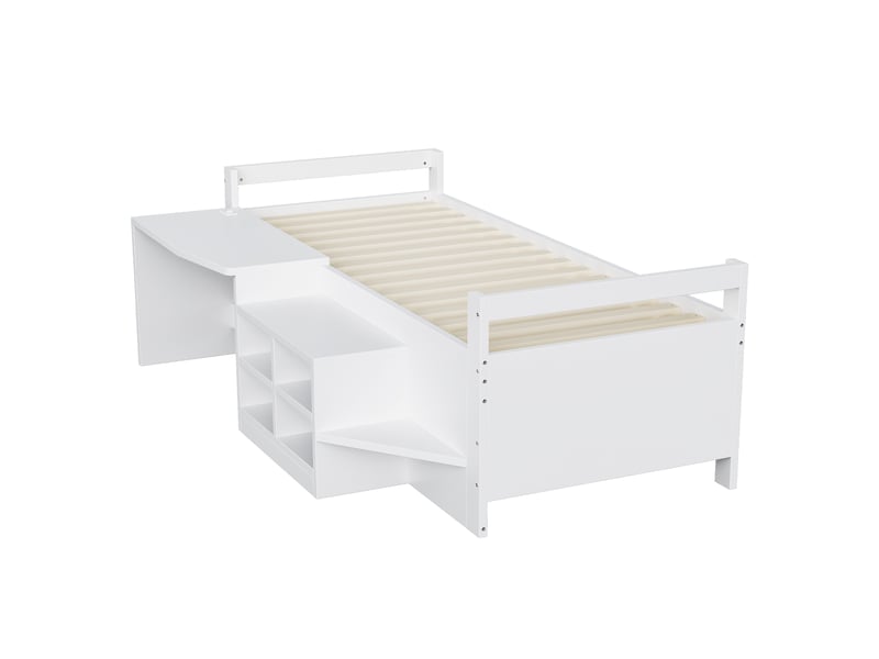 Lit enfant avec bureau et rangements, bois blanc, 90x200 cm, prises européennes intégrées - Conforama E