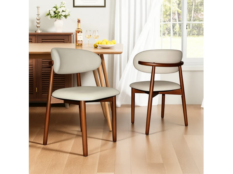  Lot de 2 chaises de salle à manger avec dossier incurvé et assise rembourrée, bois de chêne finition noyer, blanc  - Conforama B