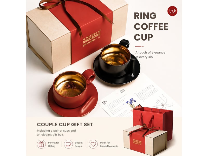 Coffret rouge de 2 tasses en céramique, rose vermillon et lune noire - Conforama B