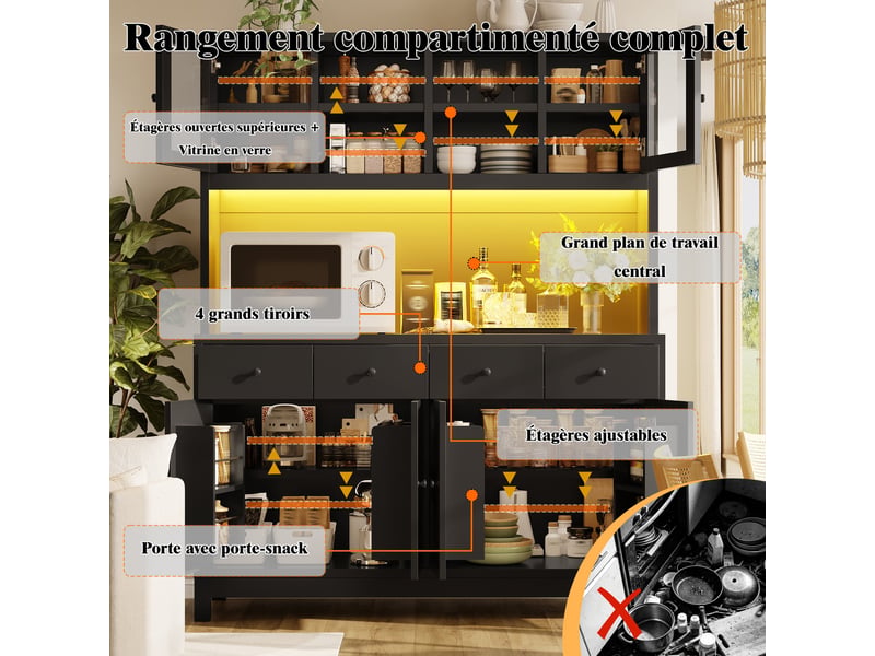  Buffet haut 140 x 38,5 x 180 cm avec led rgb pilotée par application, portes vitrées et 4 tiroirs, noir  - Conforama D