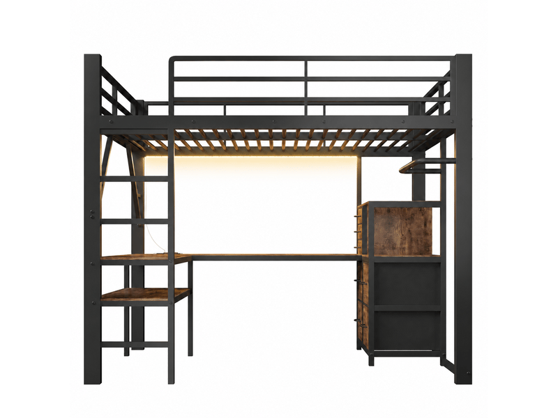 Lit mezzanine enfant 140x200 cm noirbrun avec bureau d’angle, 7 tiroirs, led, usb-c et penderie Fay Lum - Conforama D