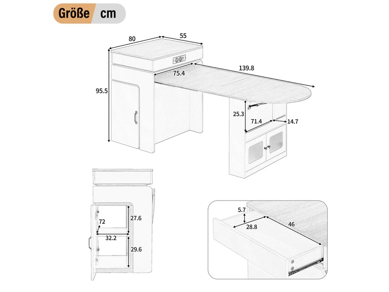  Îlot de cuisine extensible 55-194 x 80 x 95,5 cm – blanc – led, prises usb et rangements intégrés  - Conforama C