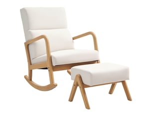 Fauteuil à bascule avec repose-pieds, revêtement souple aspect lin, structure en bois, blanc crème