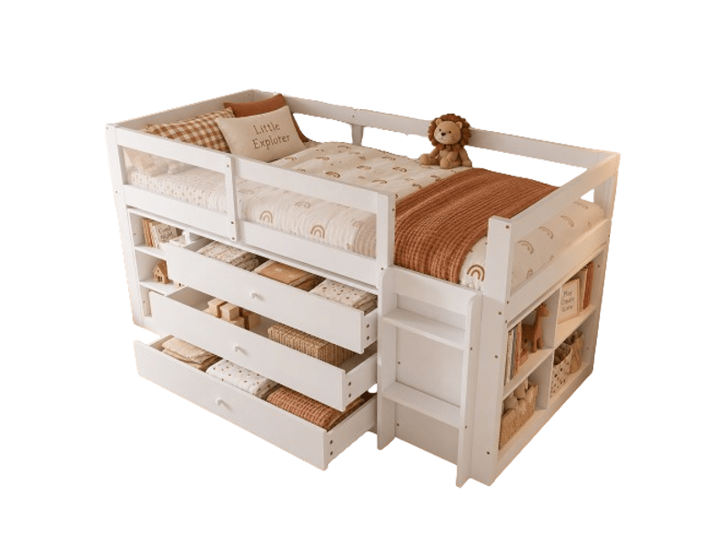 Lit mi-haut enfant 90x200 cm en bois avec barrière en acrylique, 3 tiroirs, rangements ouverts et étagère latérale à 4 compartiments - blanc - Conforama A