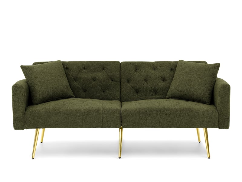  Canapé 2 places convertible 177x74x78 cm, 2 coussins, dossier inclinable 3 positions, teddy, pieds métal, vert  - Conforama A