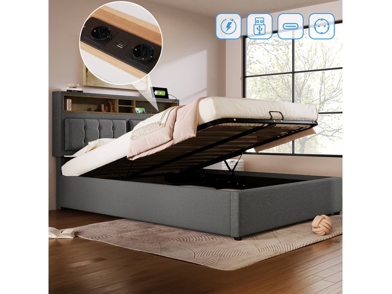 Lit double 160x200 cm avec tête de lit réglable, ports usb et type-c, rangement, lin, gris avec matelas  - Conforama E