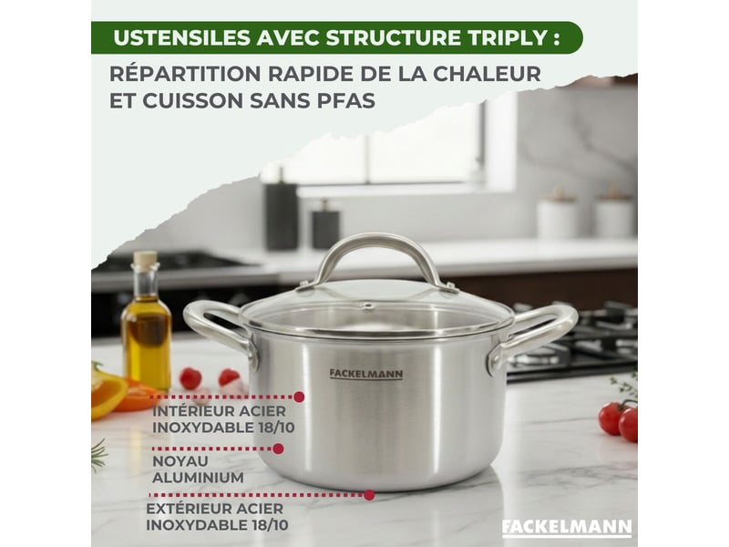 Poêles à frire 20 26 cm, casseroles 14 16 et 18 cm, faitouts 20 24 cm inox 1810 triply fackelmann vita3 9244450B88 - Conforama E