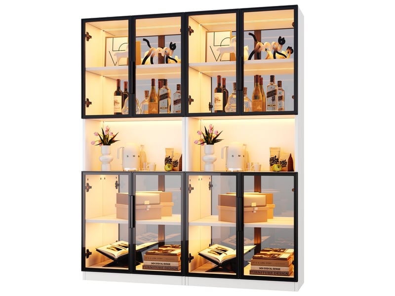  Vitrine 2 pièces 140x30x170 cm, meuble vitrine en verre avec éclairage led, fond miroir et portes en verre trempé gris, pour salon salle à manger  - Conforama A
