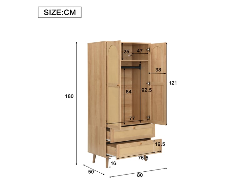  Armoire 80x50x180cm - design rotin + penderie + tiroirs - mdf - naturel CozyNest - Conforama D