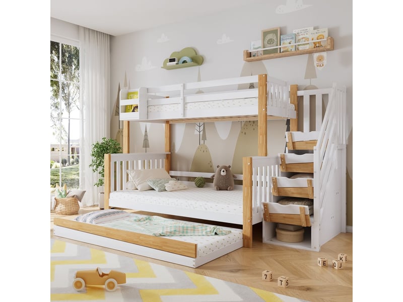  Lit superposé enfant 90120x200 cm avec lit gigogne, escalier de rangement, étagère intégrée et barrière de sécurité, pin massif  - Conforama A